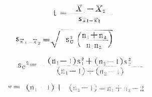 （二）t检验 可用于两样本含量n1、n2较小时，且要求两总体方差相等，即方差齐（homoscedasticity）。若被检验的两样本方差相差较大且差别有统计学意义则需用t‘检验。