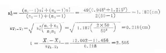 （二）t检验 可用于两样本含量n1、n2较小时，且要求两总体方差相等，即方差齐（homoscedasticity）。若被检验的两样本方差相差较大且差别有统计学意义则需用t‘检验。