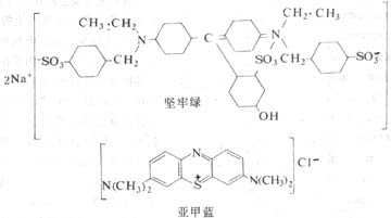  坚牢绿（酸性染料）与亚甲蓝（碱性染料）的化学结构及其染色反应示意